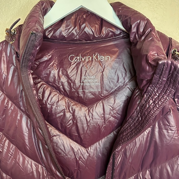 Calvin Klein Packable Lightweight Down Purple Puffer Long Hooded Jacket Winter - Picture 4 of 14